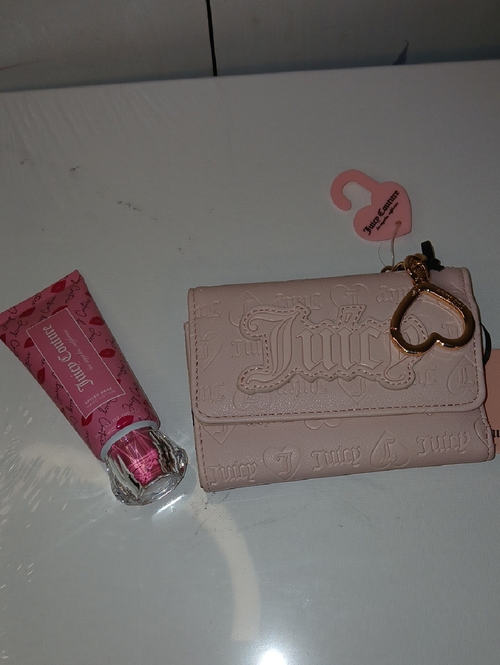 Juicy Couture Light Pink Embossed Wallet with Heart Keyring